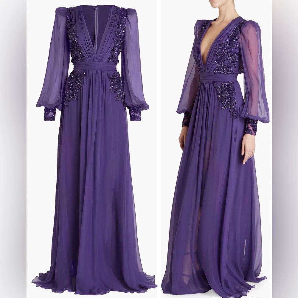 Zuhair Murad Silk Chiffon Beaded V-Neck Gown Dress